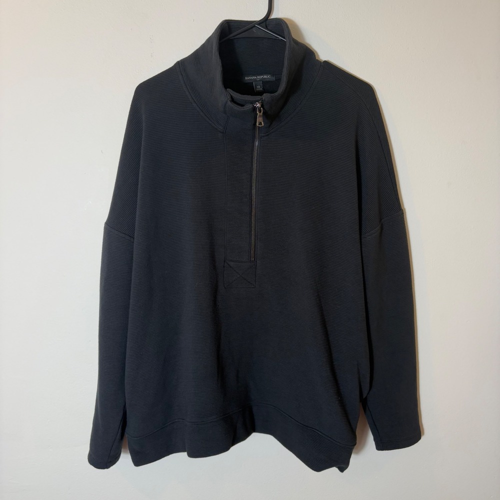 Banana Republic Womens Pullover XL Black Ottoman Ribbed Mock Neck‎ Half Zip